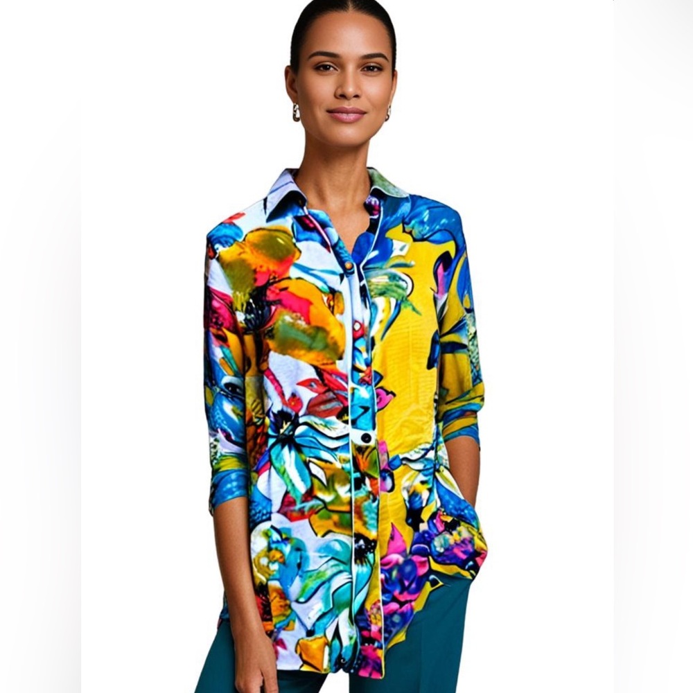 John Mark Floral Top Button Up Shirt XS Art To Wear Vacation Colorful Bohemian